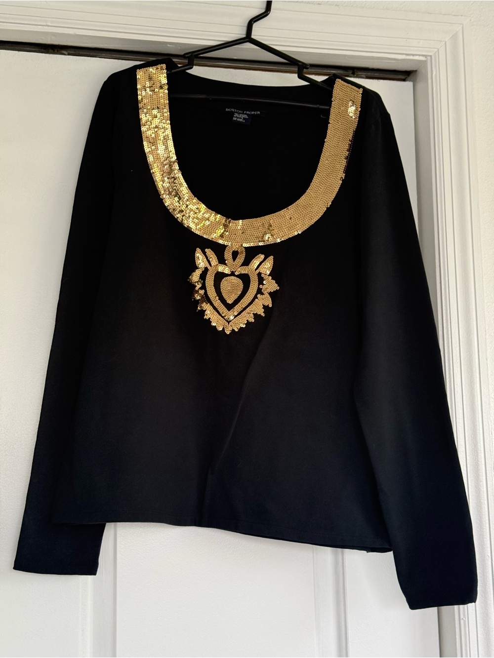 Boston Proper Black Long Sleeve Top with Gold Sequin Neckline